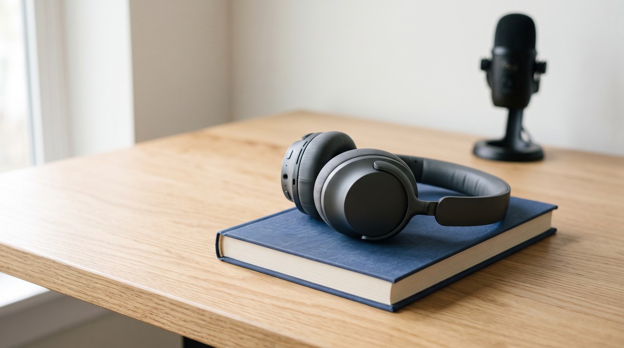 Over-ear headphones resting on a blue hardback book on an oak desk, with a microphone behind