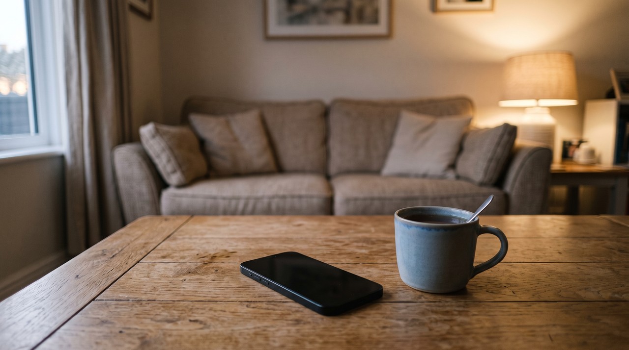 A smartphone lying on a wooden living room table beside a cup of tea in soft window light