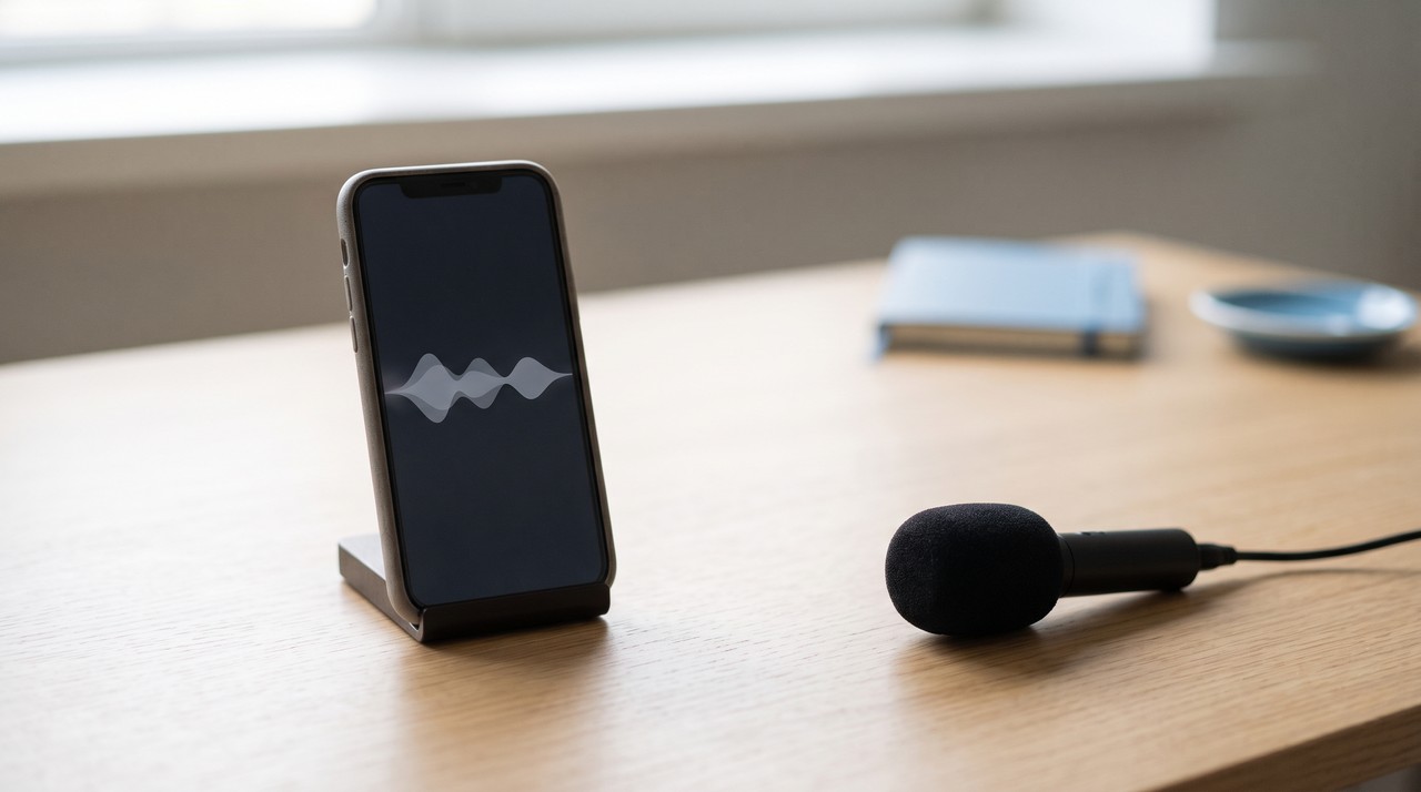 A phone recording a voice sample on a desk, the first step of a CapCut voice clone