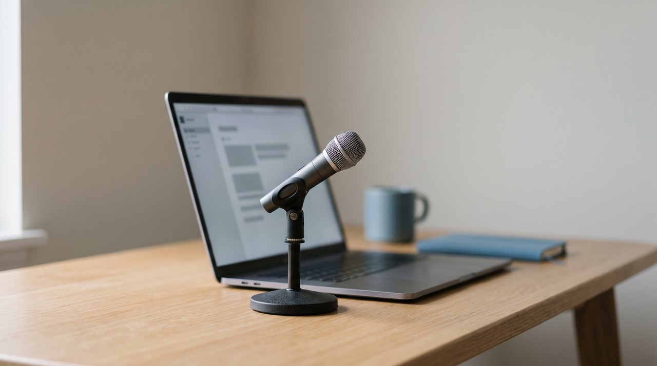 A desk microphone in front of a Windows laptop at home, cloning a voice offline