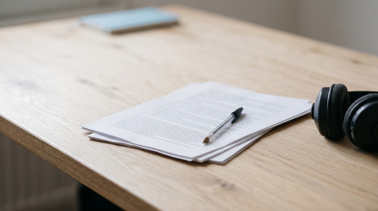 A few printed pages of terms with a pen on a desk, read before uploading a voice