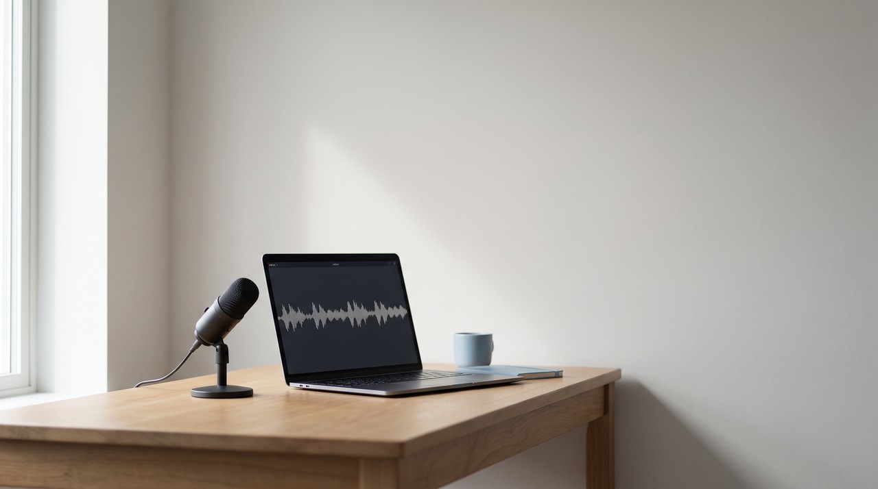 A small desk microphone beside a laptop showing a plain audio waveform, the setup for testing Chatterbox TTS