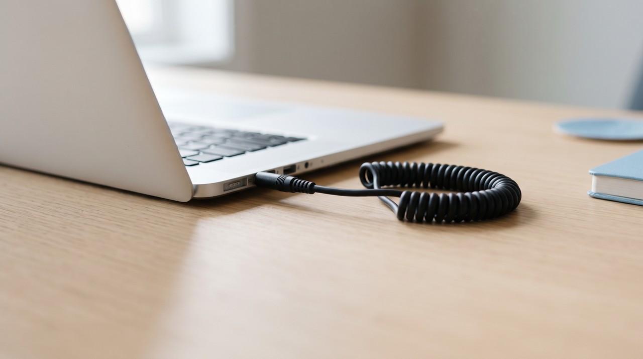 A short audio cable plugged into a laptop on a plain desk, the reference clip going in