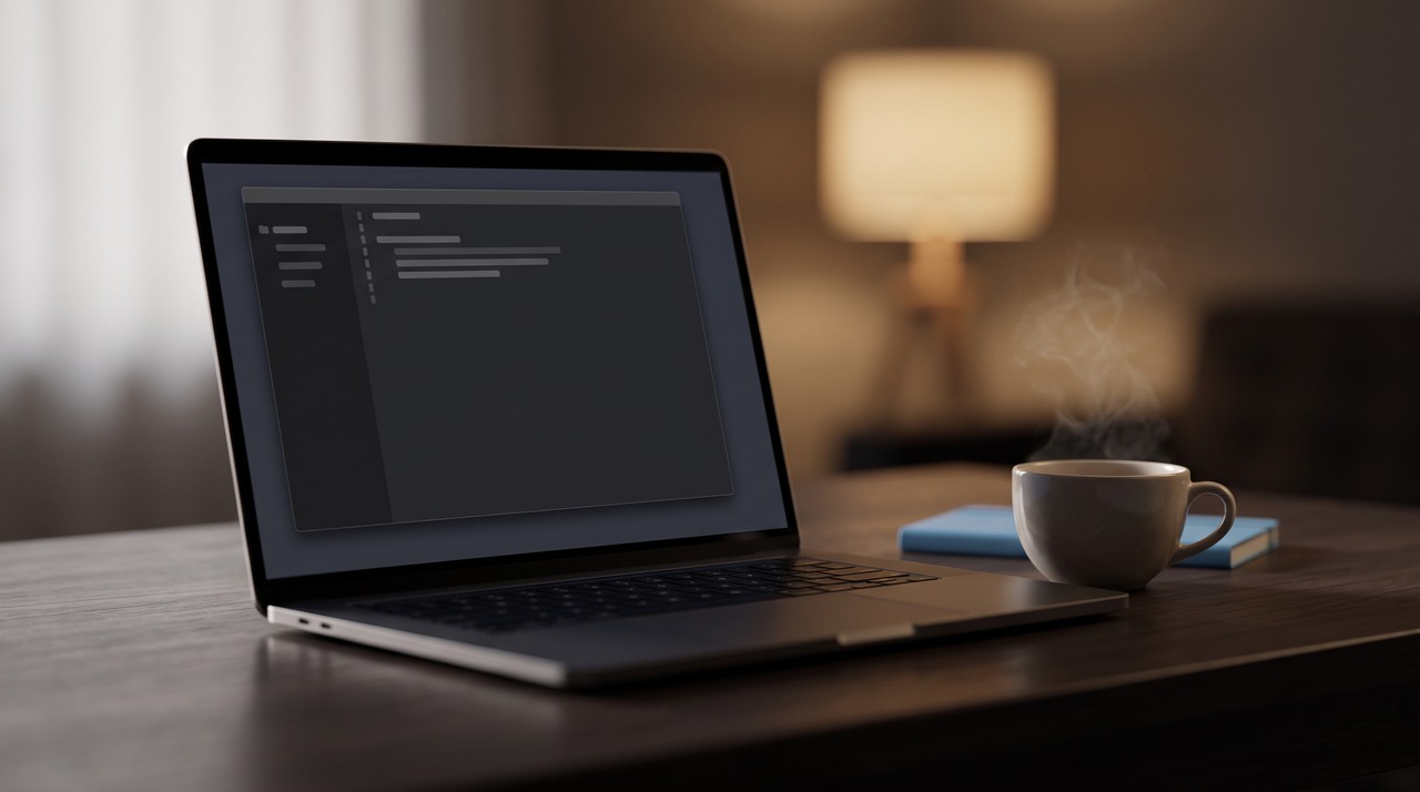 A laptop with a plain dark terminal window and a cup of tea beside it, an evening of fixing an install