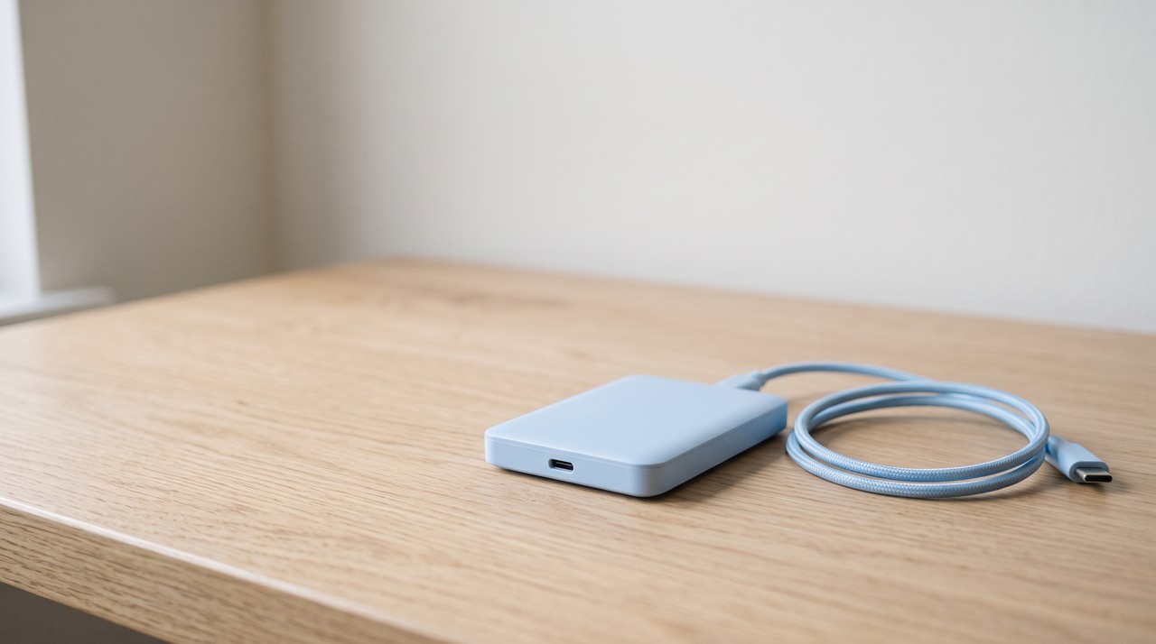 A small external hard drive and its coiled cable on a pale wooden desk