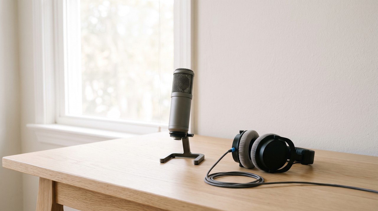 A condenser microphone and headphones on a pale desk with soft window light