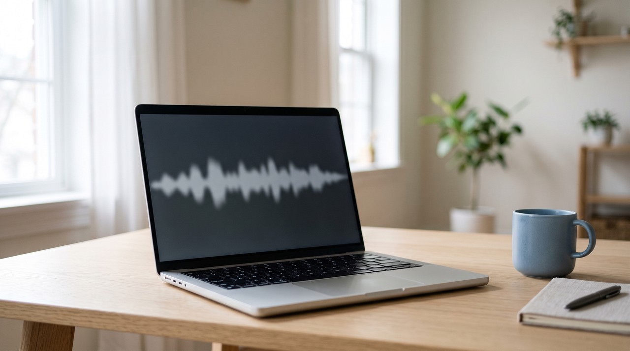 A laptop screen showing a soft grey audio waveform on a quiet desk