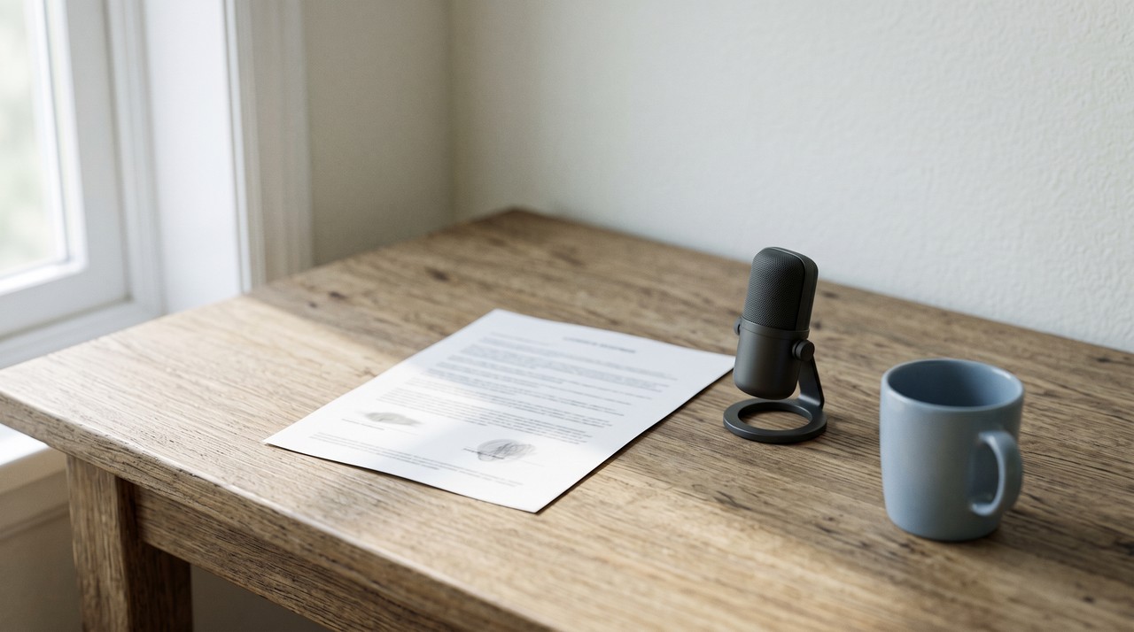 A printed licence document next to a studio microphone on a wooden desk