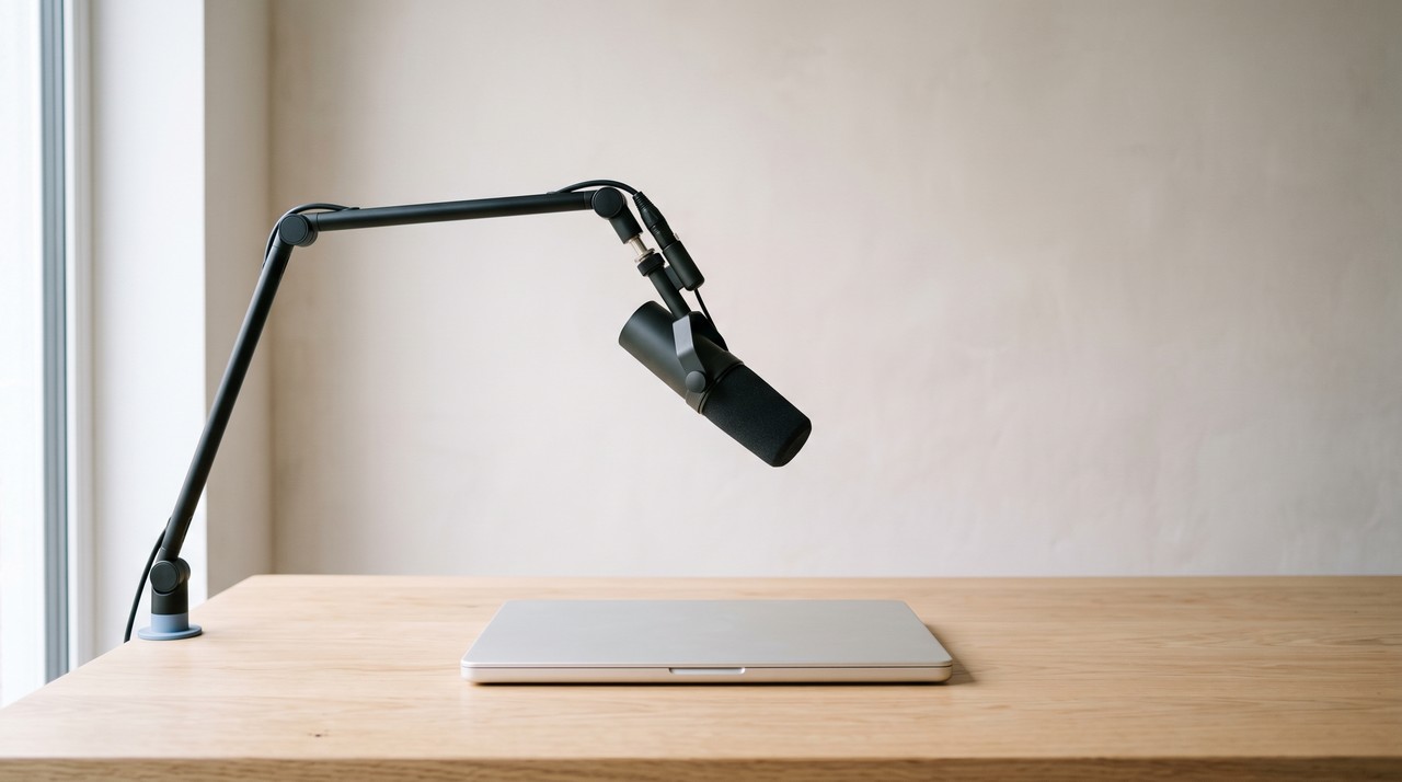 A desk microphone on a boom arm above a closed laptop in a quiet home office