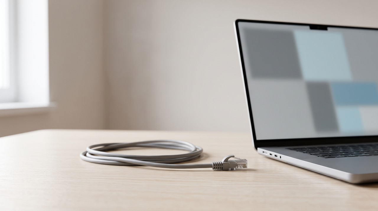 An unplugged network cable lying beside an open laptop on a quiet desk