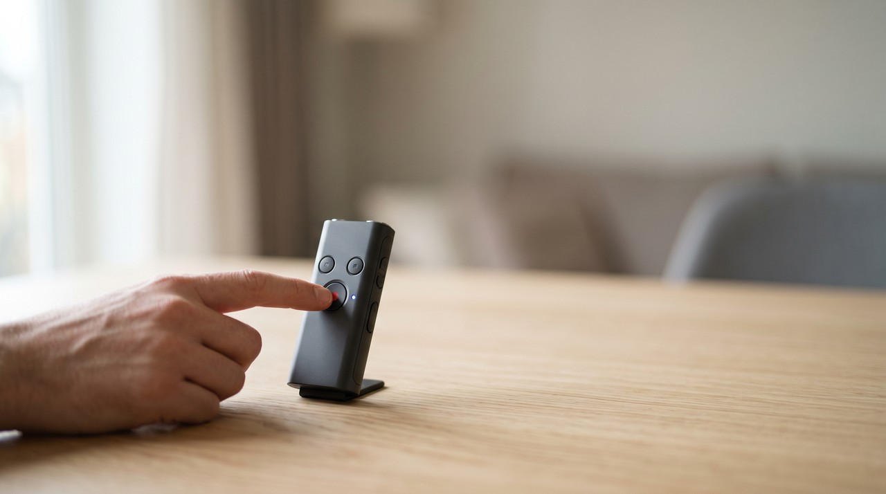 A hand pressing the record button on a small handheld audio recorder on a wooden table