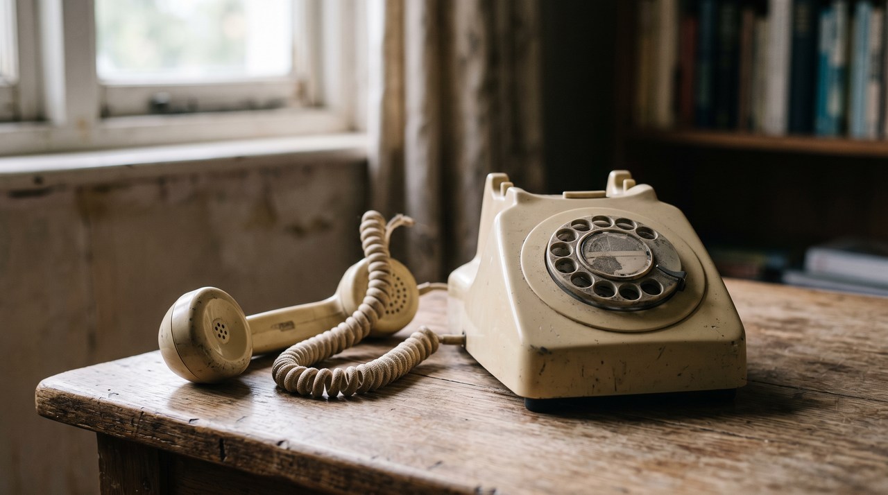 An old desk telephone with the handset lifted off its cradle on an empty table