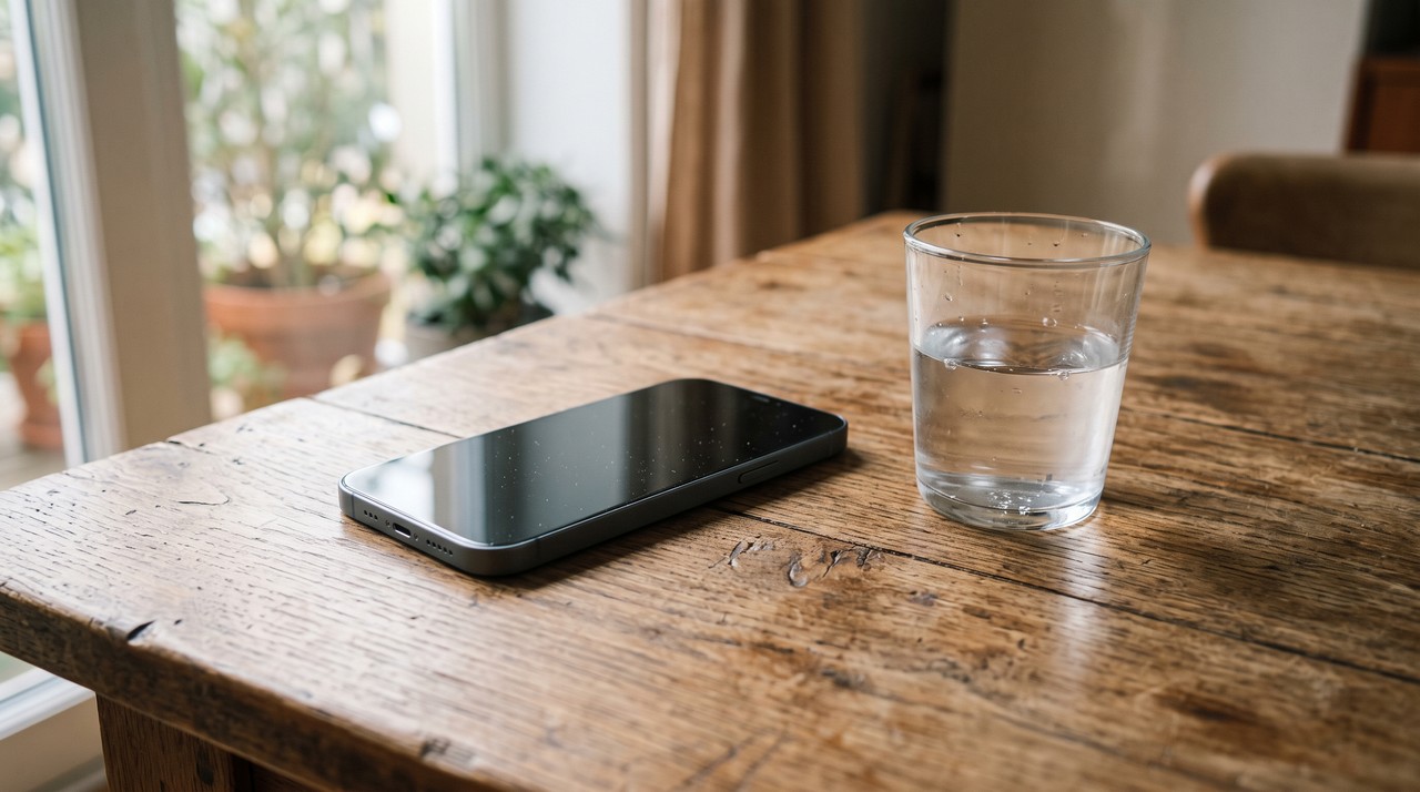A phone lying face up and dark on a wooden table beside a glass of water
