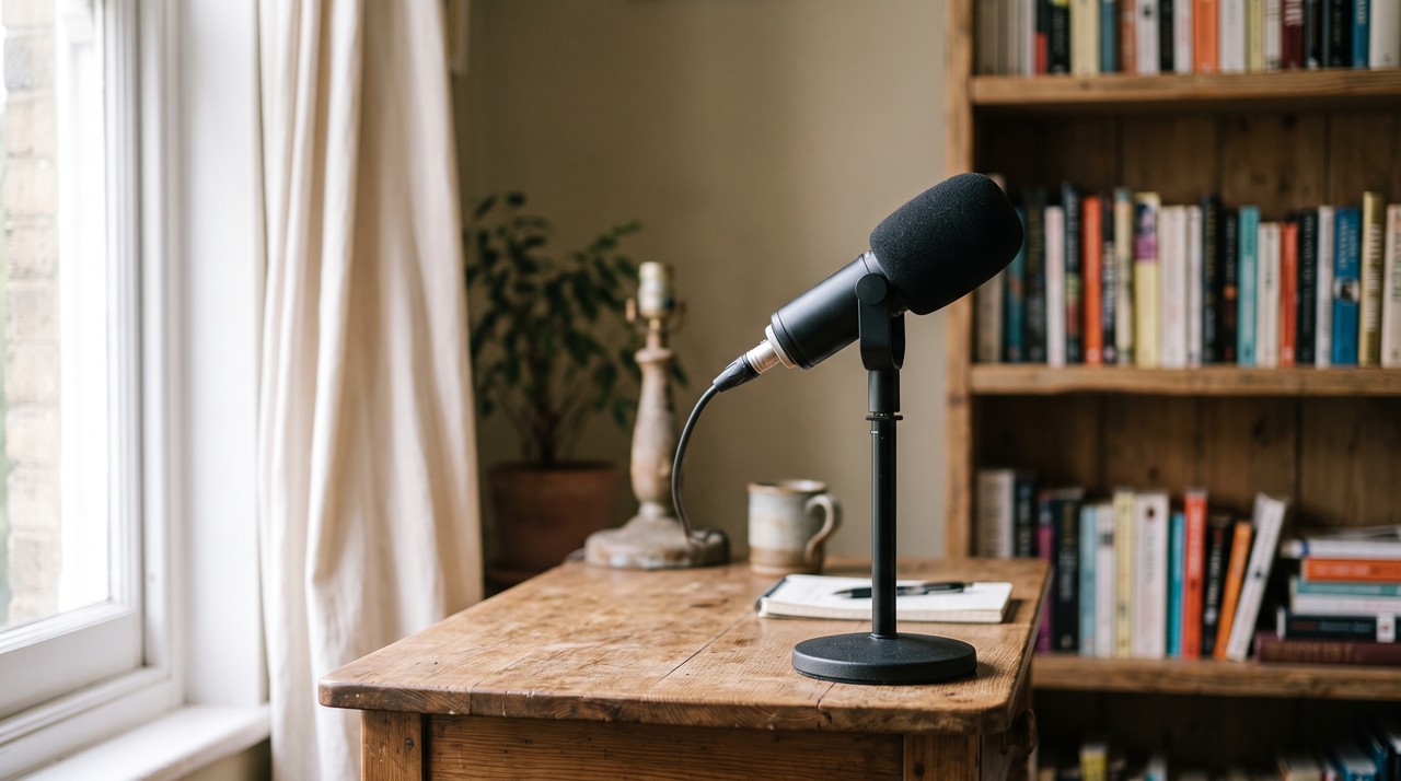 A microphone on a stand in a lived in room with a curtain and a bookshelf behind it