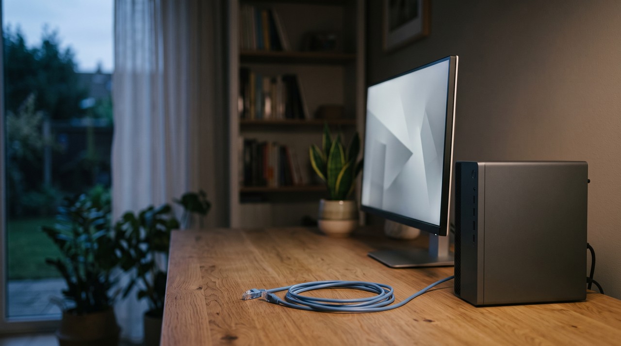 A desktop computer working on a quiet desk, its blue network cable coiled loose in front of it