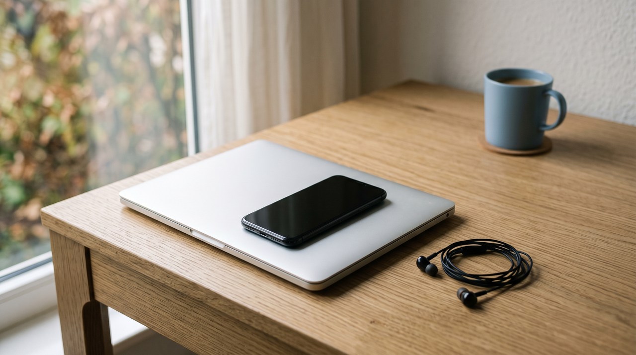 A phone lying next to a closed laptop on a desk, the phone being the only place an ElevenLabs app installs