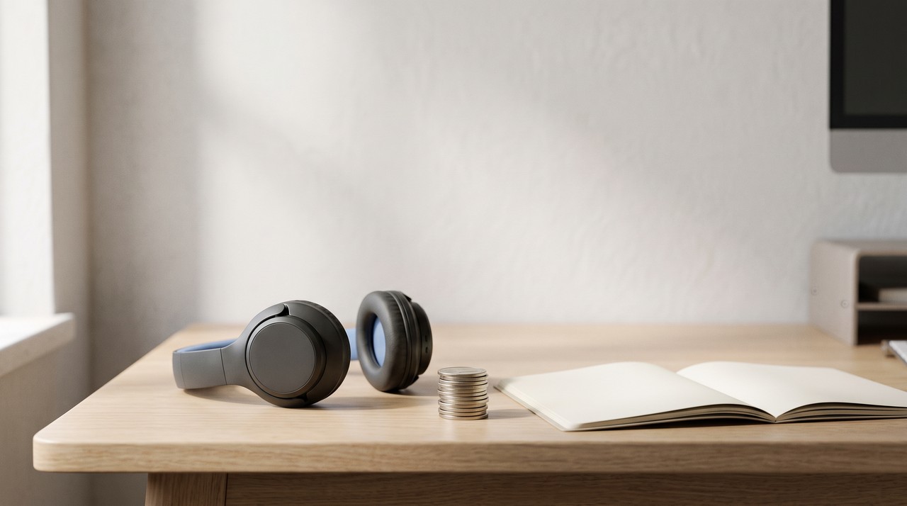 A pair of headphones beside a small stack of coins on a wooden desk, the question of earning money with a cloned voice
