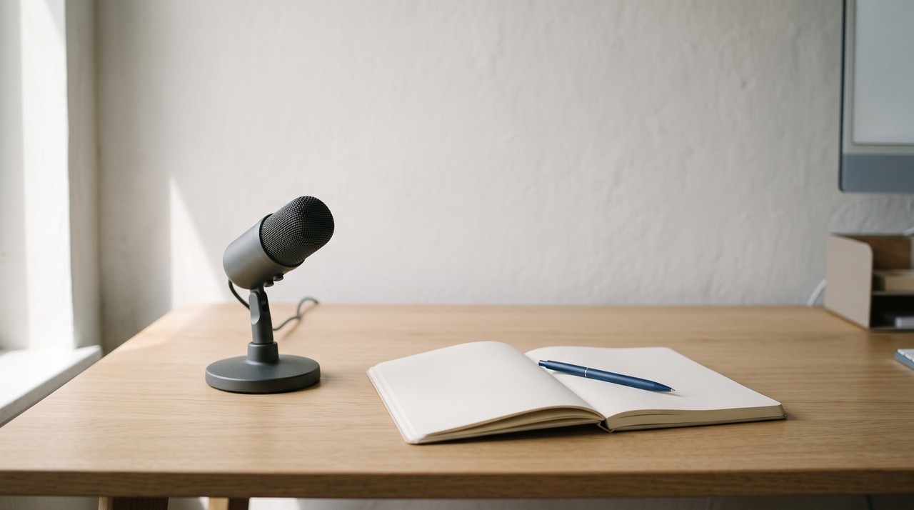 A small desk microphone beside an open notebook and a pen, the setup for testing F5-TTS voice cloning