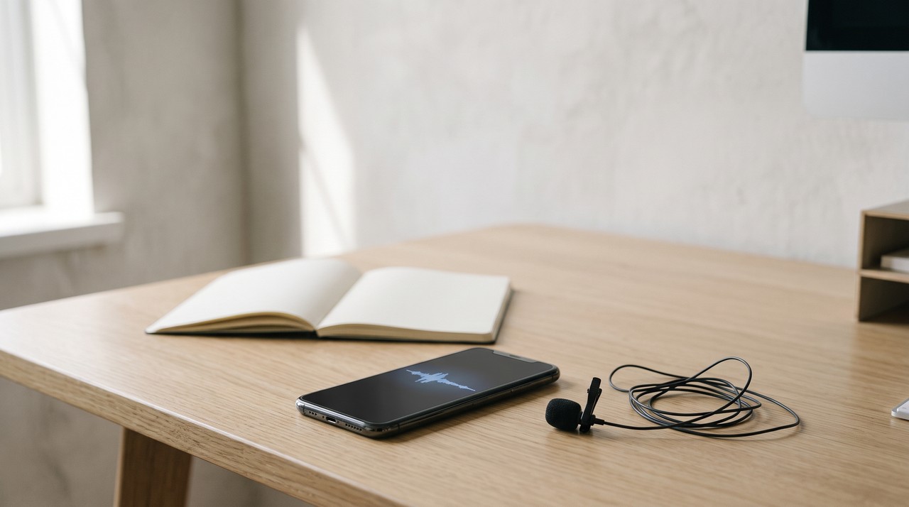 A smartphone recording on a plain desk beside a small clip microphone, the short reference clip F5-TTS needs