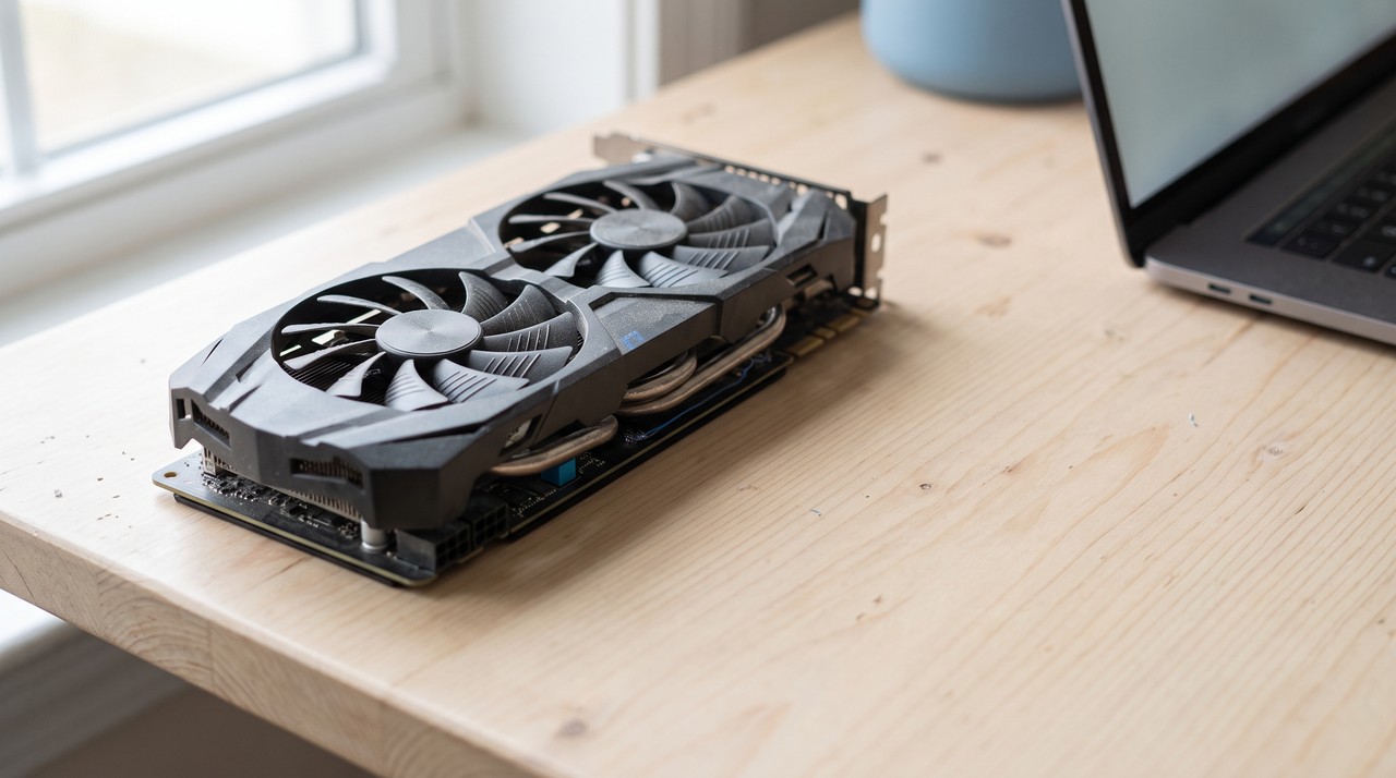 A graphics card lying on a desk next to a laptop, the hardware Fish Speech needs to run at home