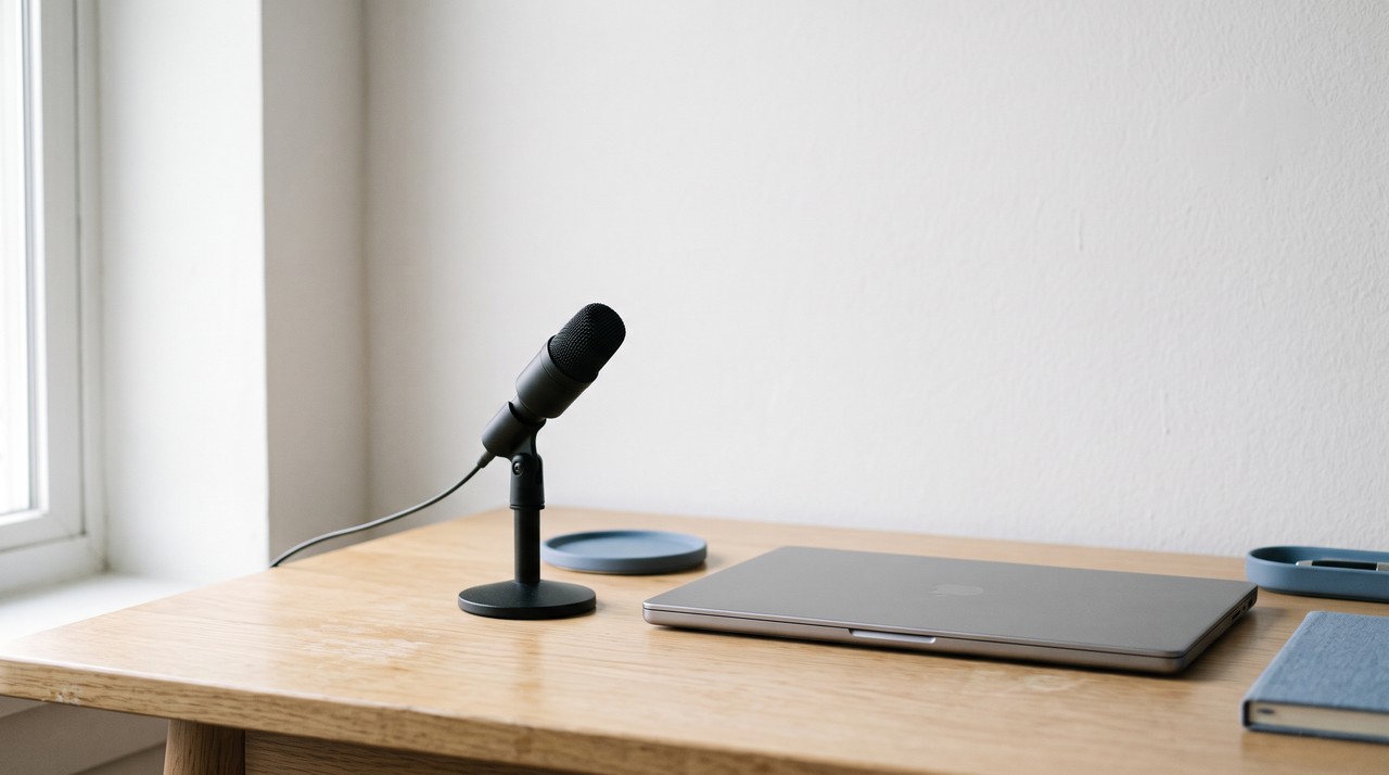 A desk microphone beside a laptop on a quiet home desk, the setup for cloning a voice without Fish Audio