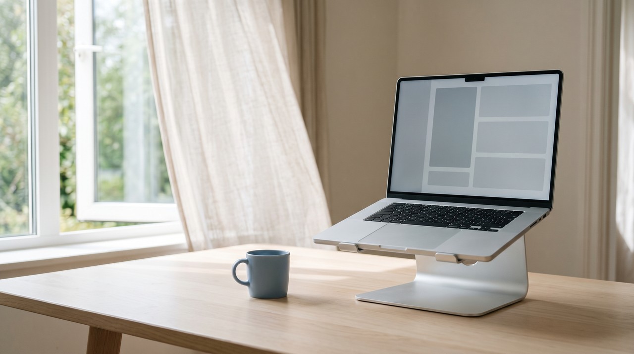 A laptop raised on a stand next to an open window, kept cool during a long training run