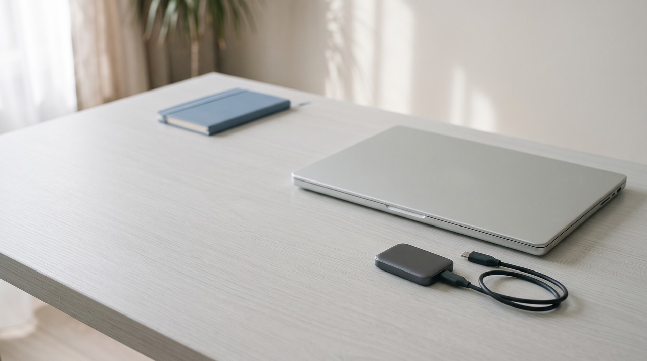 A small external drive resting beside a laptop on a desk, a reminder that the package needs a lot of free disk space