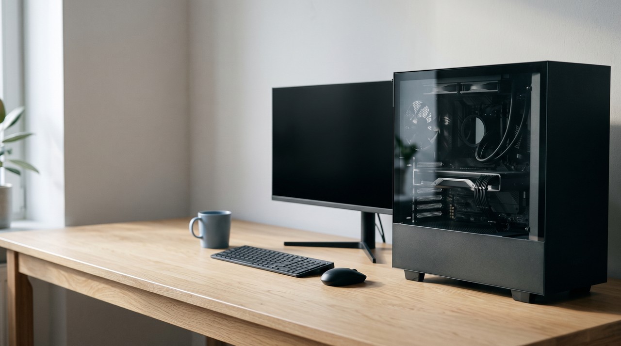 A desktop PC with a graphics card on a quiet desk, the kind of machine people install GPT-SoVITS on