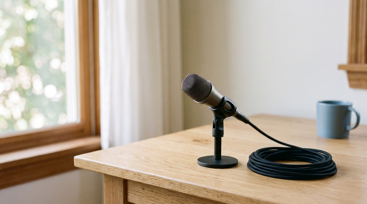 A small microphone on a desk next to a long coiled cable, ready for a longer recording