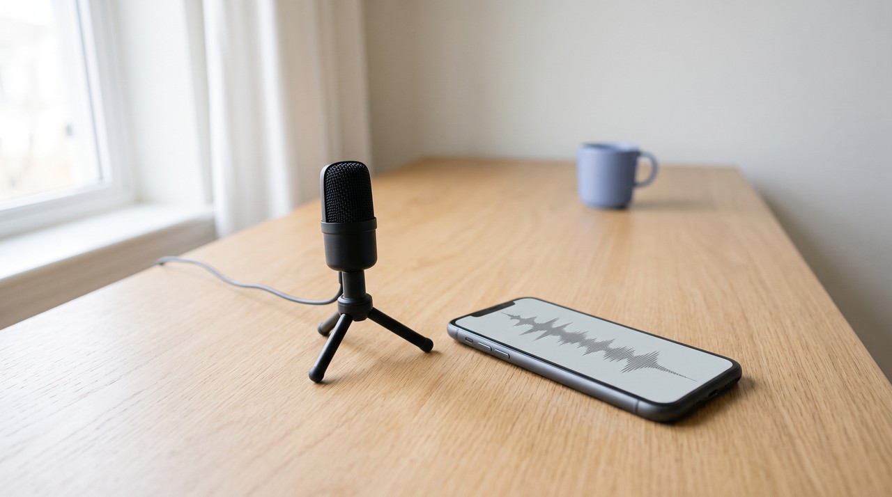 A phone lying on a desk next to a small microphone, the kind of short clip an instant clone starts from