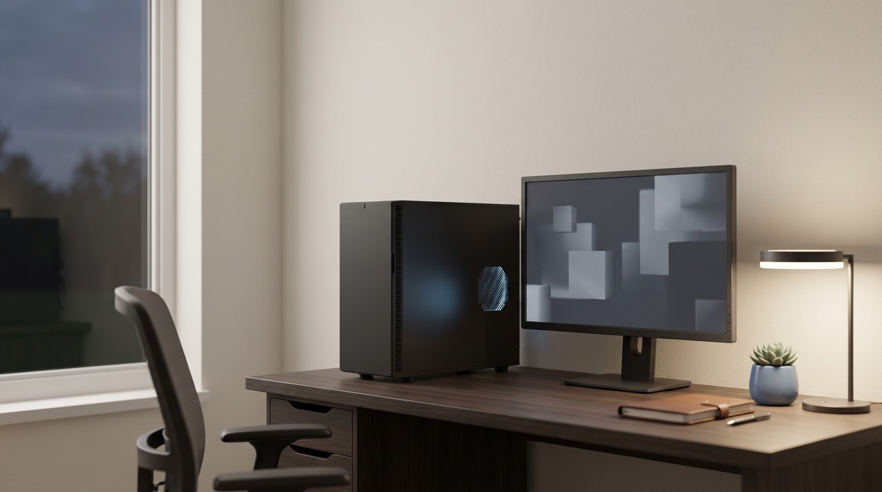 A desktop computer working alone in a quiet room in the evening, the way a voice trains overnight on your own PC
