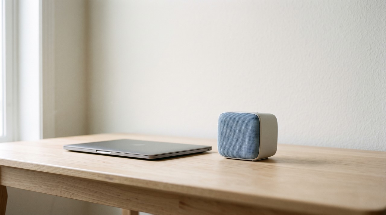 A small desk speaker beside a closed laptop on a plain table, the setup for testing Kokoro text to speech