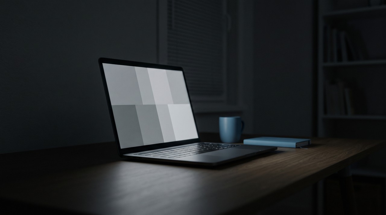 A laptop on a desk at night with a soft glow from the screen, a long voice search running on a graphics card
