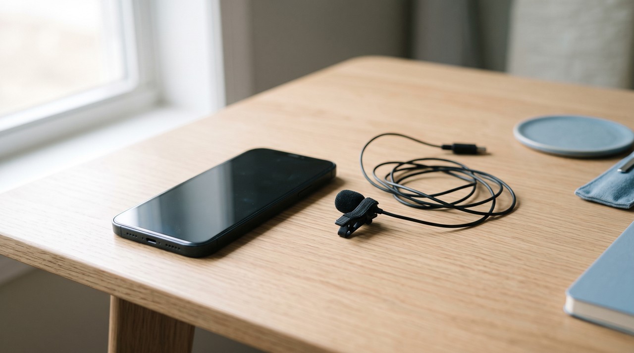 A smartphone lying on a desk next to a small clip microphone, a recording that Kokoro cannot use to clone a voice