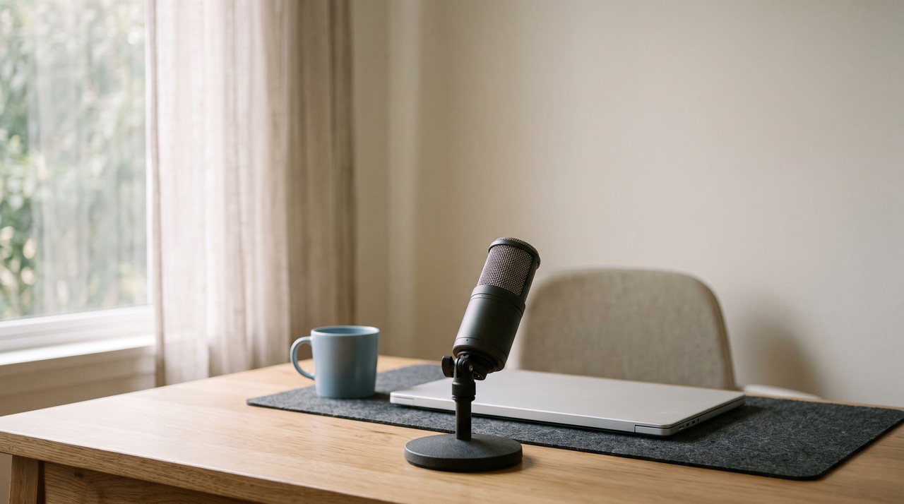 A studio microphone in front of a closed laptop on a quiet home desk