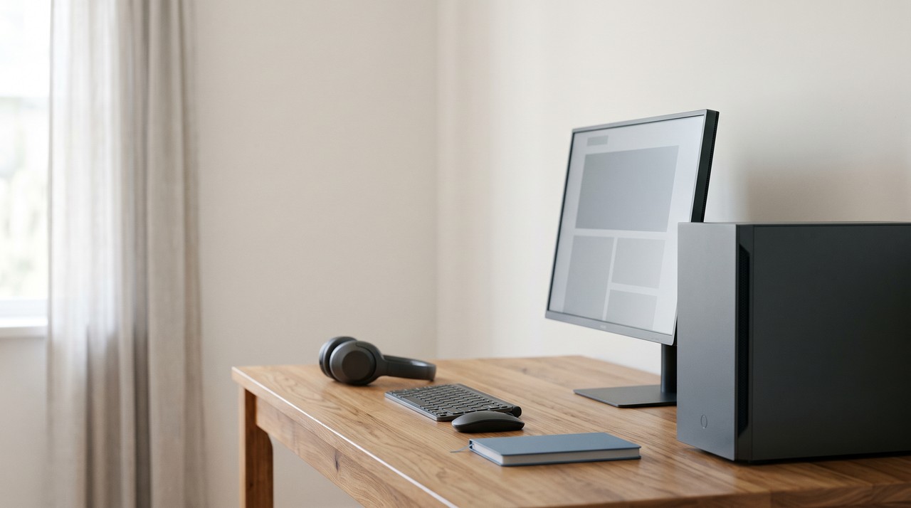 A desktop PC with headphones on a wooden desk, where a voice clone is trained and kept offline