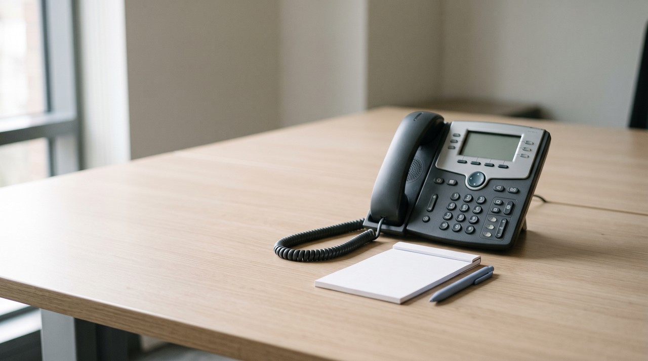 A desk phone and a notepad on a quiet office desk, the way an enterprise sales call starts