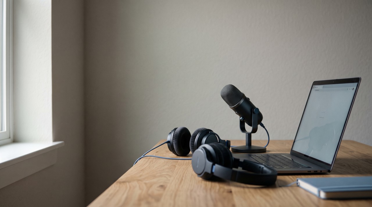 A desk microphone and headphones beside a laptop on a calm home desk, set up for testing OpenVoice voice cloning