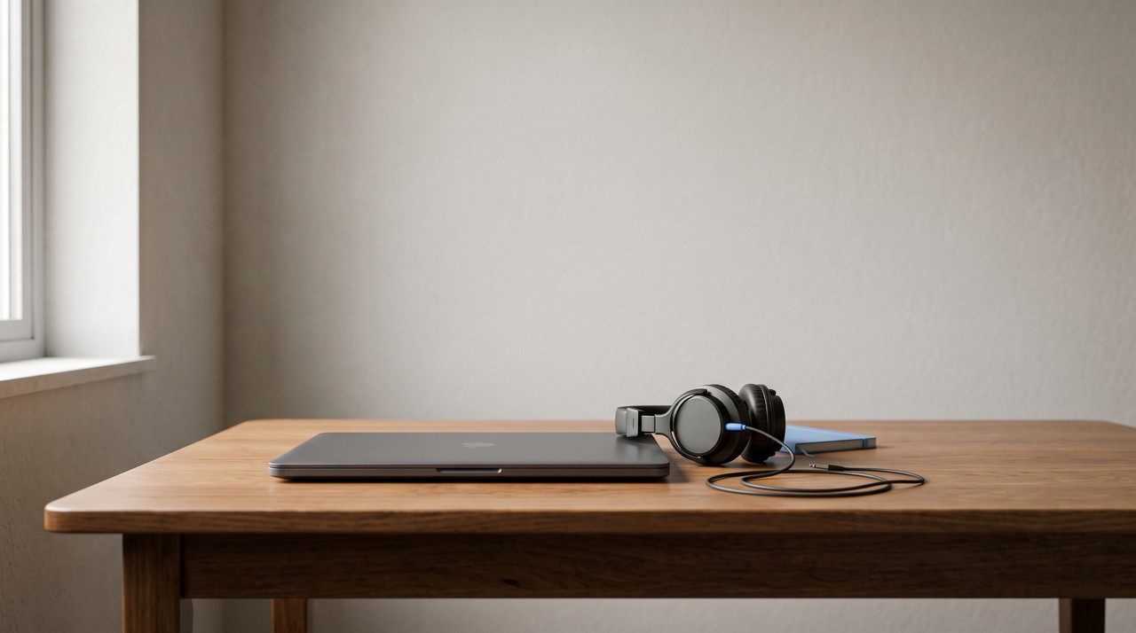 Headphones resting on a desk beside a laptop, used to compare a cloned voice with the real recording