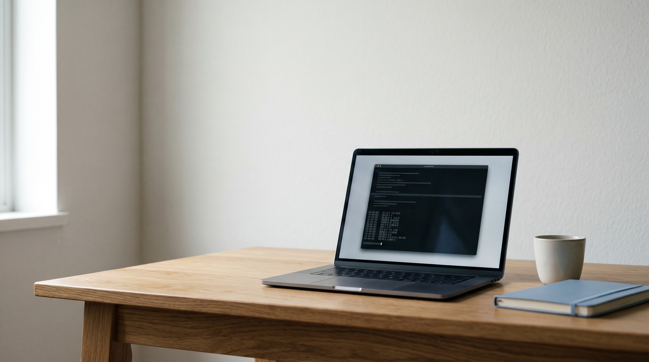 A laptop open on a desk with a terminal window showing soft grey lines, the kind of setup OpenVoice expects