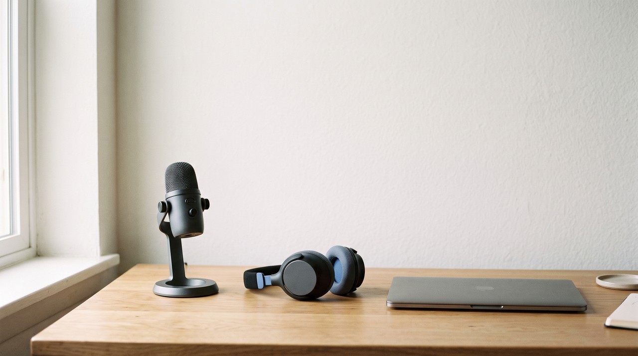 A microphone and headphones on a desk beside a laptop, the setup people picture for real time voice cloning
