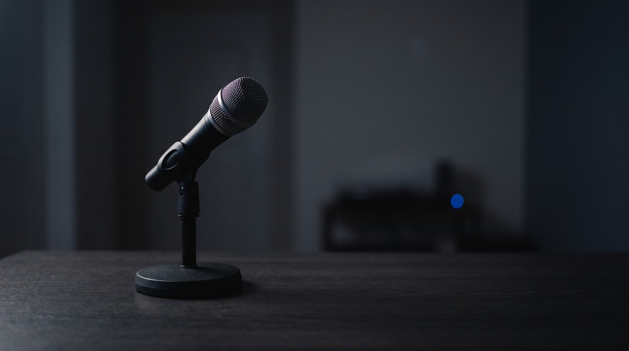 A desk microphone on a short stand in a dim room, the kind used for live calls and streams