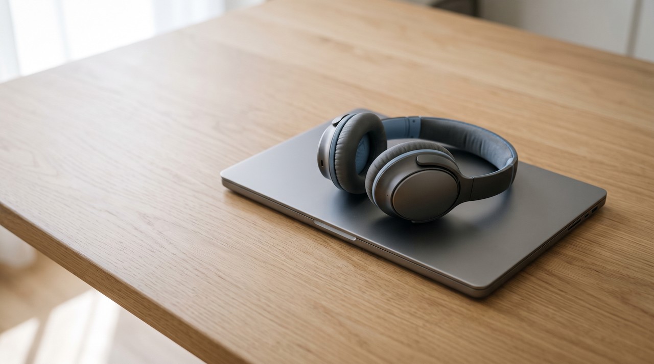 A pair of headphones resting on a closed laptop, the quiet end of a typed text to speech workflow