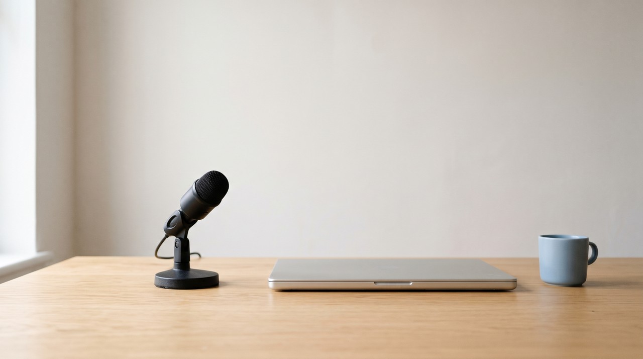 A desk microphone and a laptop on a quiet home desk, a setup for cloning a voice after Resemble AI