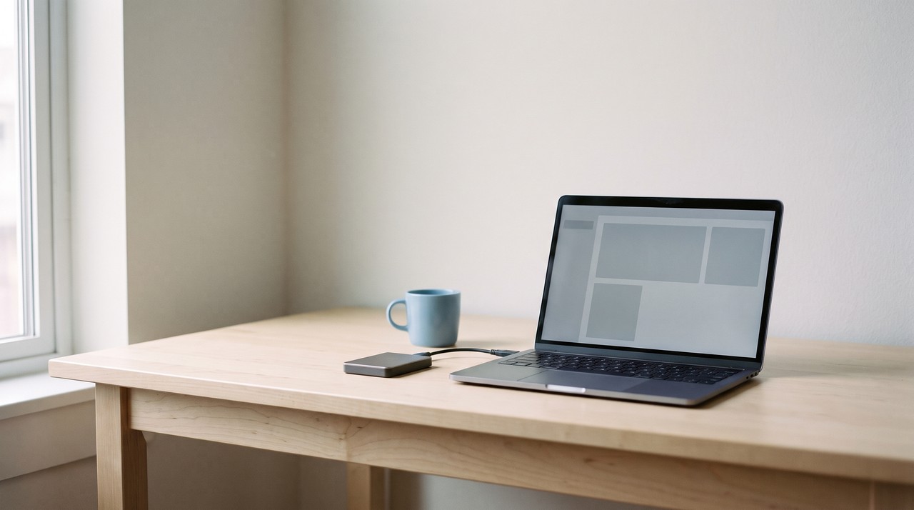 A small external drive beside a laptop on a desk, keeping voice recordings safe after Resemble AI