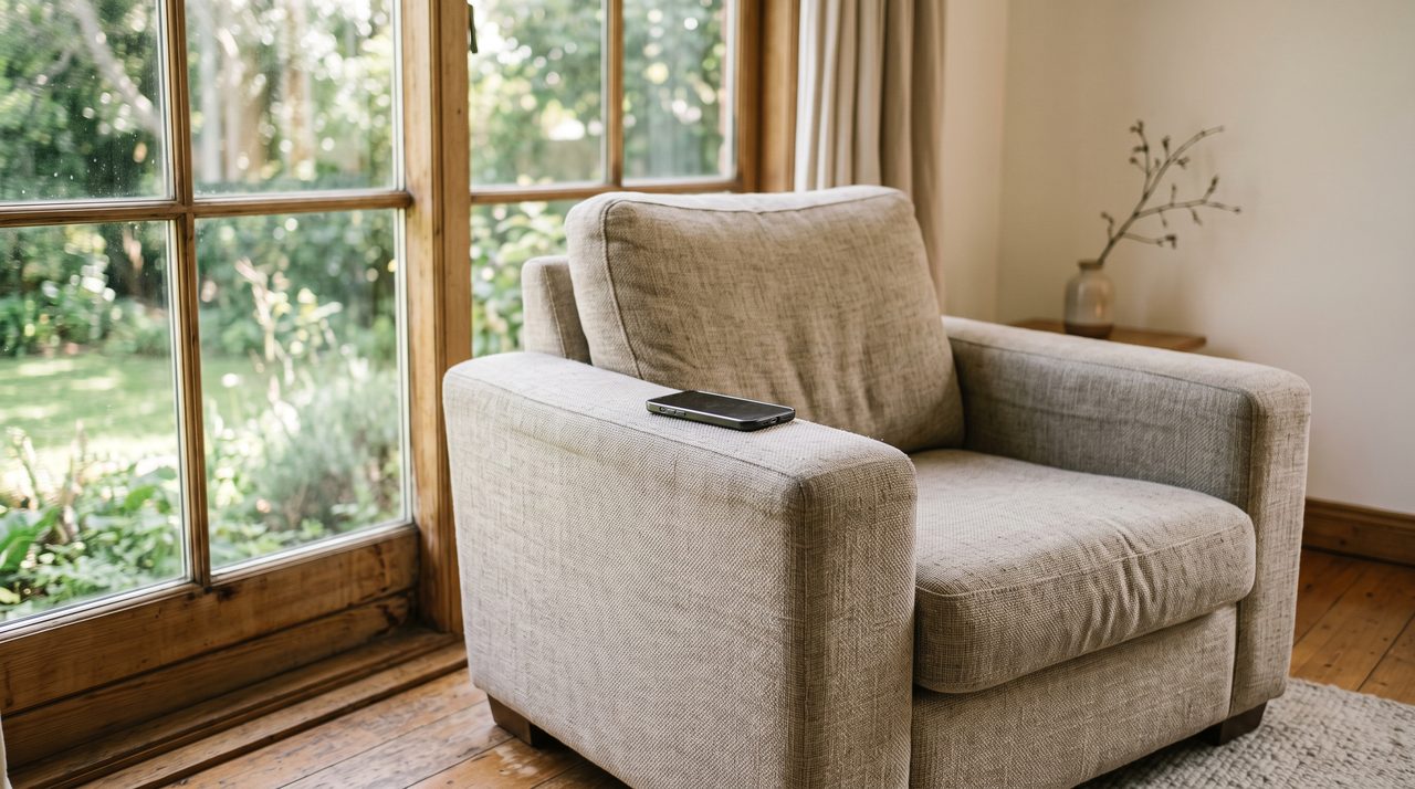 An empty armchair by a living room window with a smartphone resting on its wide arm