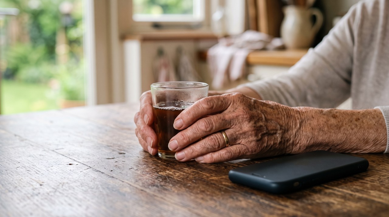 Older hands resting around a glass of tea on a kitchen table with a phone lying close by