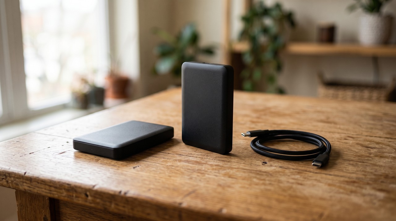 Two small external hard drives on a wooden desk, one flat and one standing on its edge