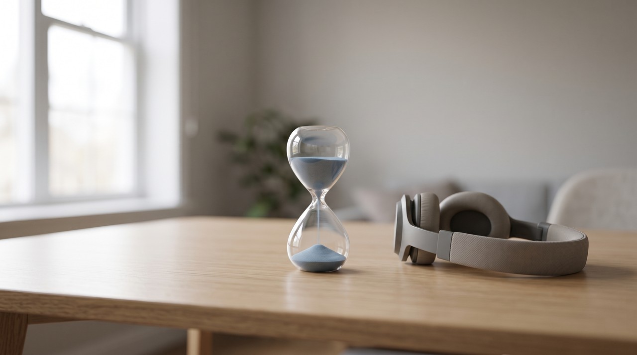 A small hourglass on a desk next to headphones, the way a credit balance runs down with use
