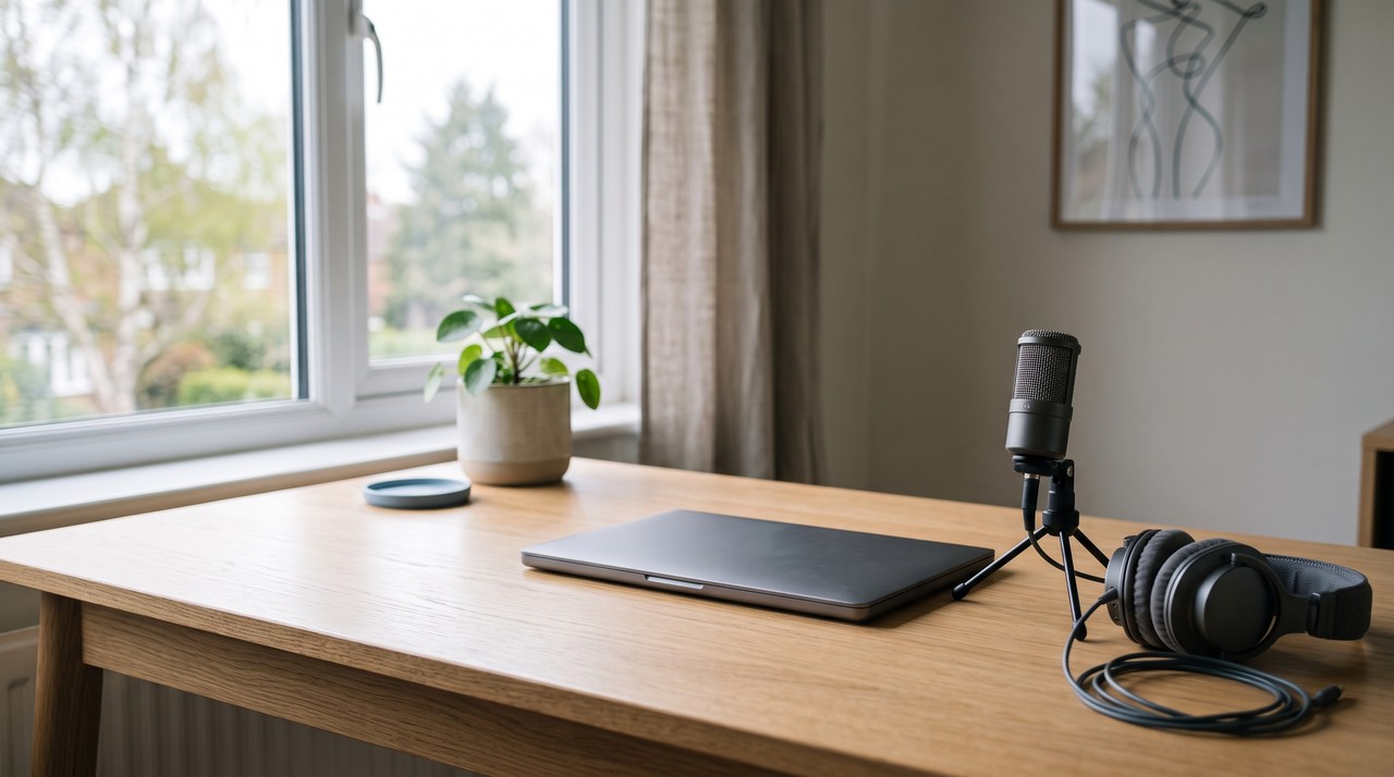 A small microphone and a pair of headphones next to a closed laptop on a calm desk